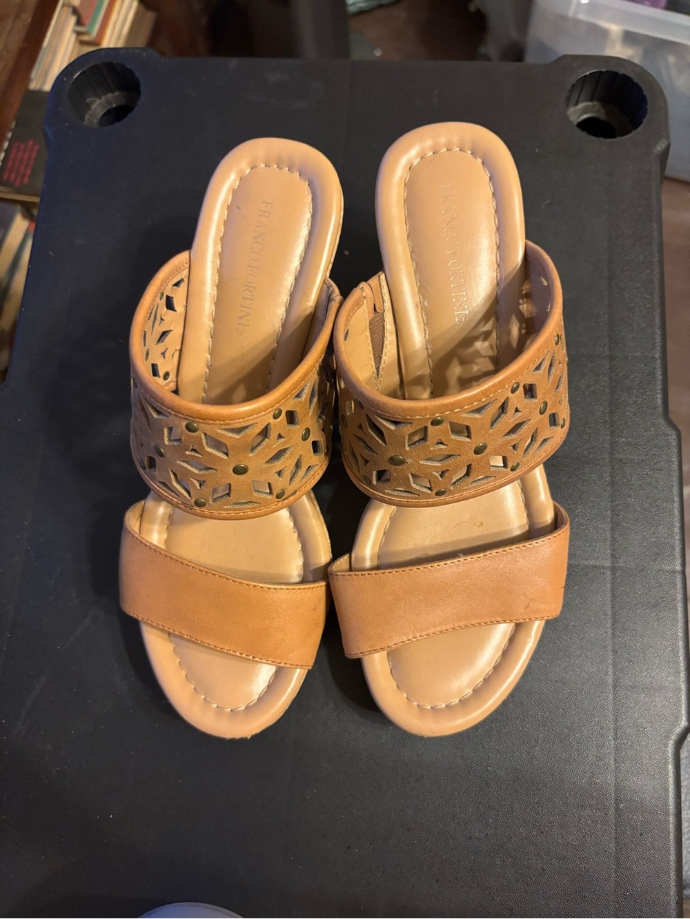 Franco Fortini Tan Laser-Cut Slip-On Mules